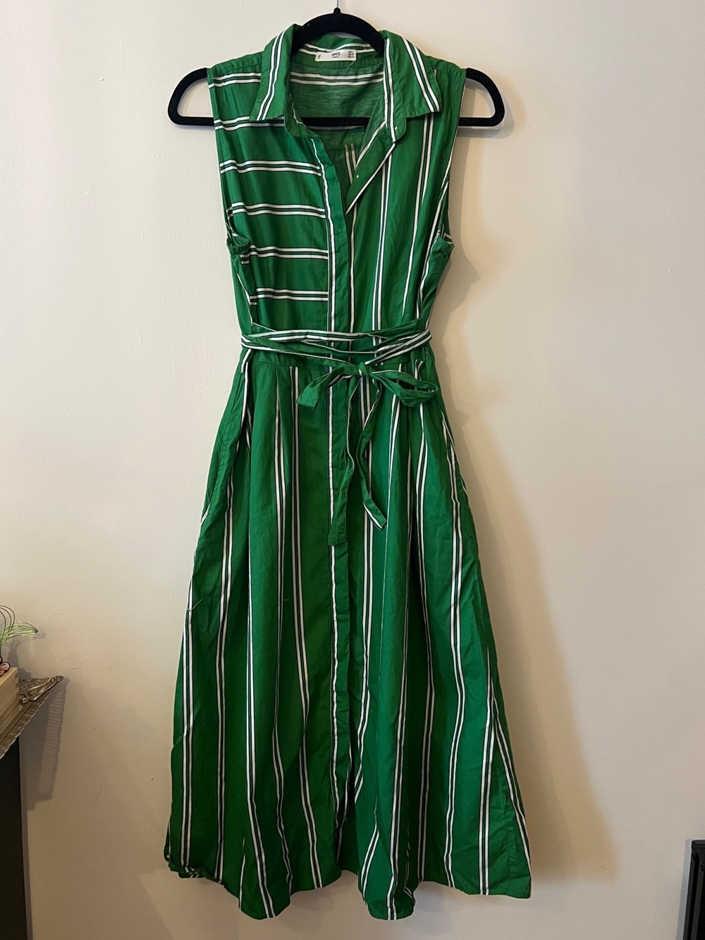 Mango Sleeveless Green Striped Shirt Dress with Waist Tie Sz Large